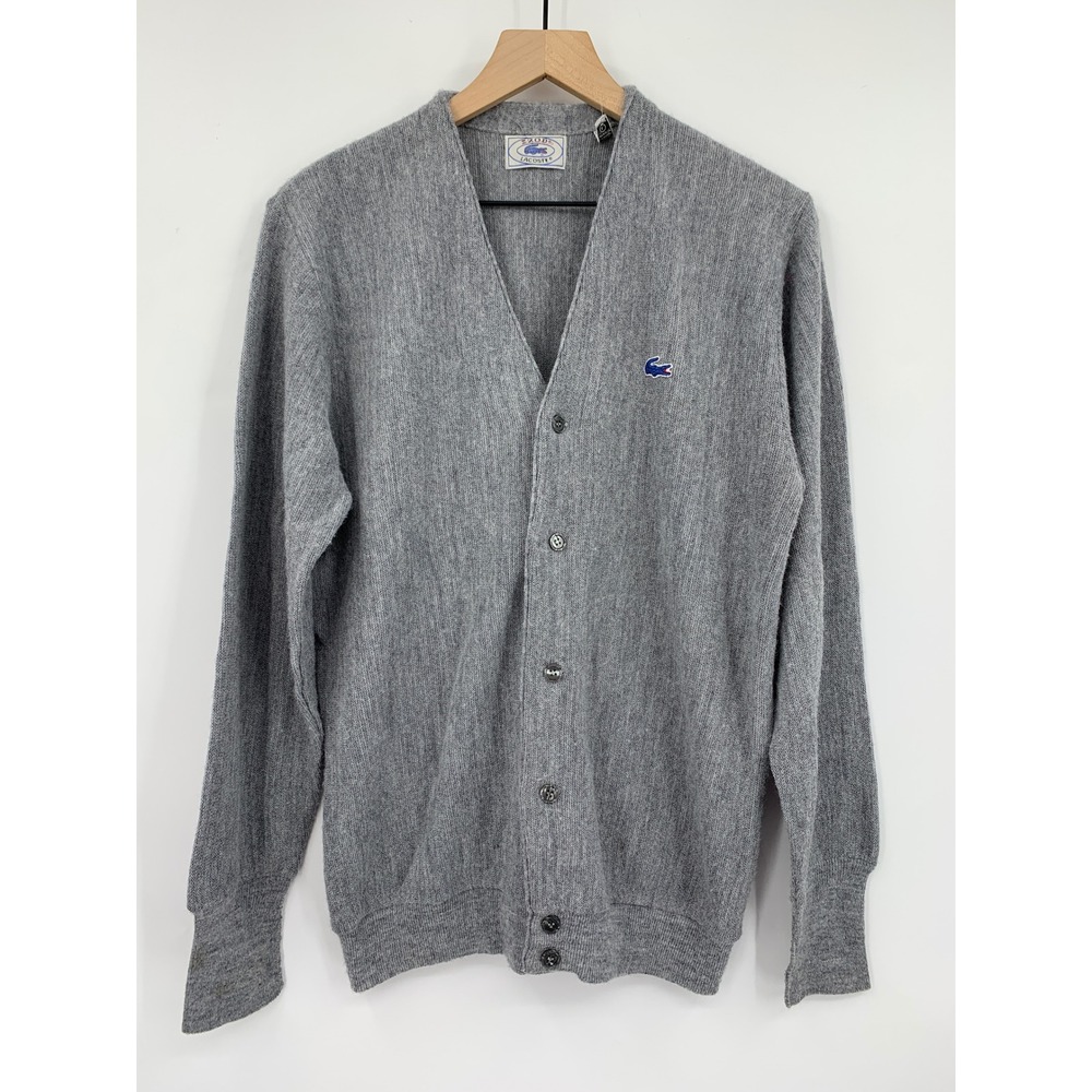 Vintage Izod Lacoste Sweater Mens Large Gray Cardigan Acrylic V-Neck 70s 80s